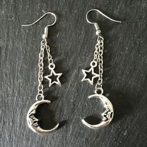 3D Dangly Crescent Moon & Star Earrings
